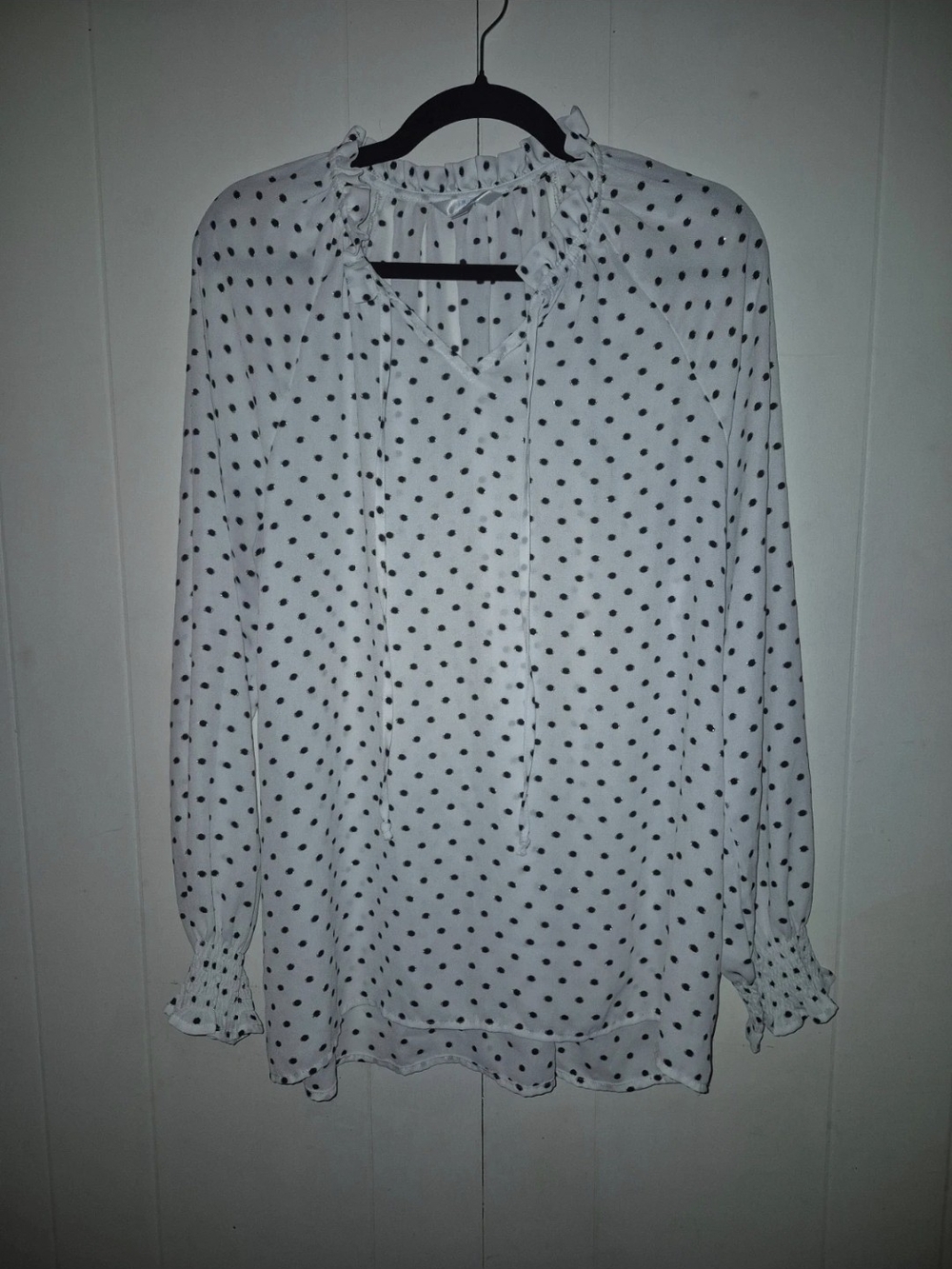 Time and Tru White Blouse with Black Polka Dots and Ruffle Neck